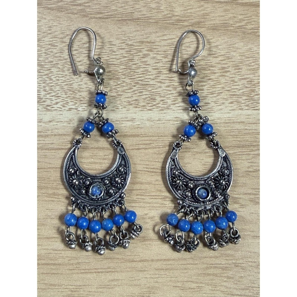 Vintage Earrings 800 Silver Blue Bead Crescent Chandelier Boho Ethnic Filigree